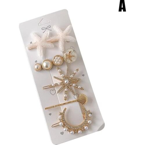 5pcs Fashion Beaded Hair Pins Hair Accessories For Girl Sea Themed Vintage Metal Side Hair Clip Sweet Style Hair Accessories New