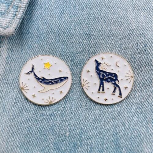 Cartoon Golden Round Animal Enamel Brooch Whale Elk Star Moon Alloy Pins Couple Badge Clothes Accessories Woman Jewelry Gift