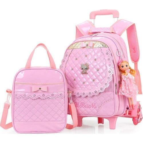 2019 New Children Trolley School Bag Set Girls Night Reflective Strips PU Waterproof Leather three wheeled Backpack For Students