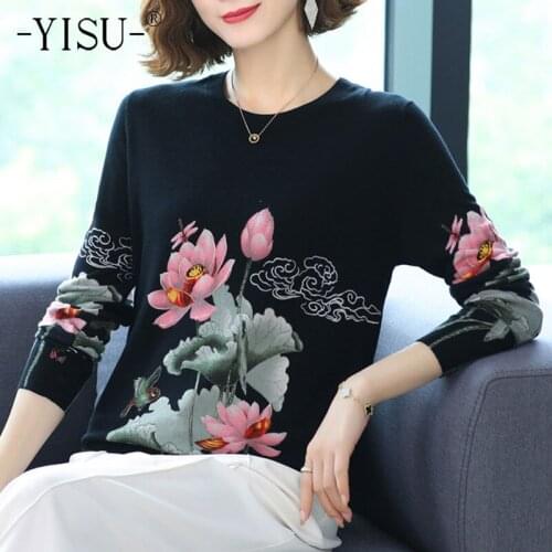 YISU 2021 New Casual Spring Autumn Women Sweater O-Neck Lotus Printing Long sleeve Tops Female Jumper Loose Knitted pullover