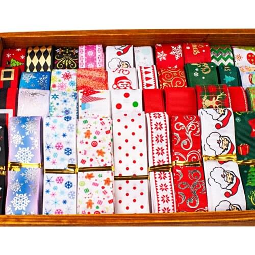 Christmas Random Set Mixed Printed Grosgrain/Satin Ribbons 12 styles 16/20/22/25mm 1Y/style