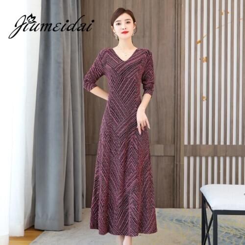 JiuMeiDai Autumn Women Sexy A-Line Long Dress Office Lady Elegant Striped Dresses Female V-Neck Vintage Party Clothing Plus Size