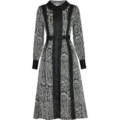 Autumn Women Vintage Long Sleeve Turn-down Collar Luxury Beading Flower Print Lace Midi Party Elegant Dress