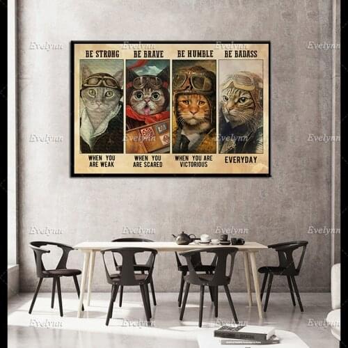 Pilot Cats Poster | Be Strong - Be Brave - Be Humble - Be Badass Everyday Prints,Cat Lovers, Vintage Canvas,Wall Art Home Decor