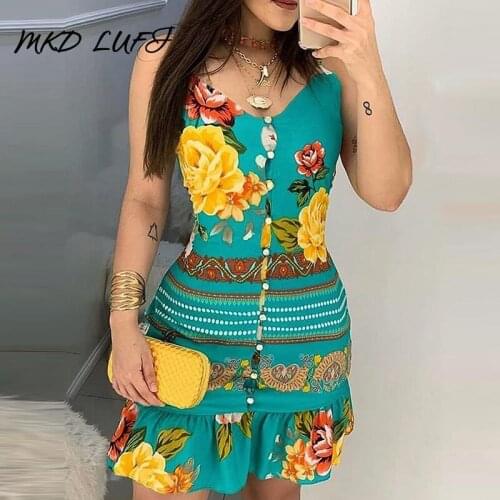 V-neck Bottoned Design Print Dress