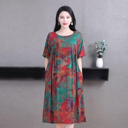 Women Casual Smmmer Dress Oversize Middle-aged Ladies Round Neck Loose Mother Summer Print Dress Large Size Female Vestidos