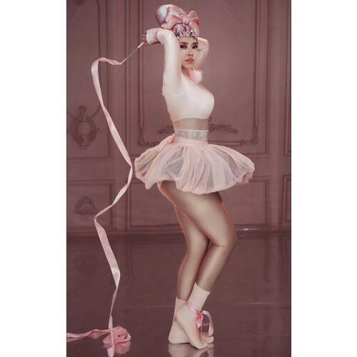 Clear pink lace dress bow headdress rhinestone suit jumpsuit party nightclub bar concert DJ singer/dancer costume