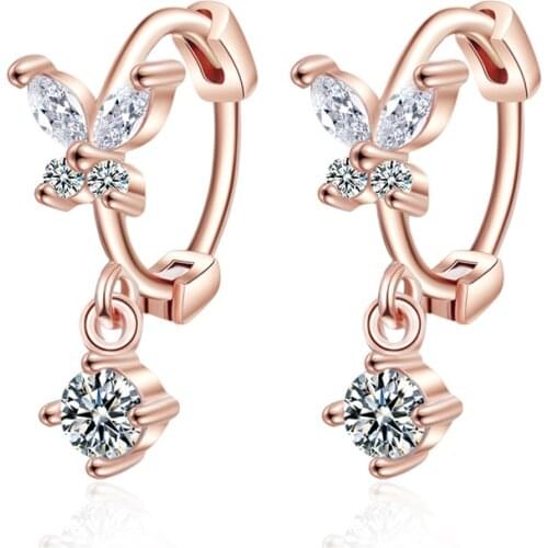 Womens Fashion Romantic Rose Gold Butterfly Hoop Earrings Lovely Tiny Huggies With Small Crystal Pendants Simple Small Earrings