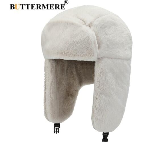 BUTTERMERE White Women Hat Winter Faux Rabbit Fur Bomber Hats Earflap Thick Snow Ski Brand Solid Black Pink Khaki Russian Cap