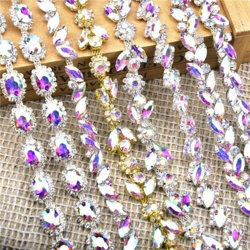 1Meter Ab Color Glass Crystal Chain Rhinestone Trim Sew On Silver Base For Beach Shoes Dress Garment High Heels Diy Accessories