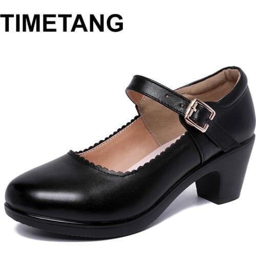 TIMETANGSpring Autumn Womens Square Heel Shoes 2019 Silver Black White Heels Med Leather Pumps Women Office ShoesE1200