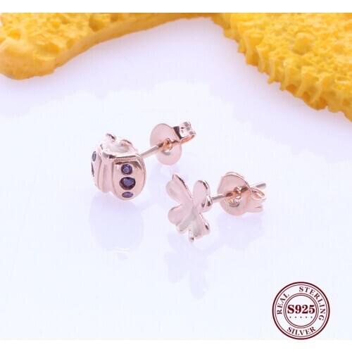 925 Sterling Silver Rose Gold Lucky Four Leaf Clover And Ladybug Ear Stud Earrings For Women Wedding Gift Fashion Jewelry