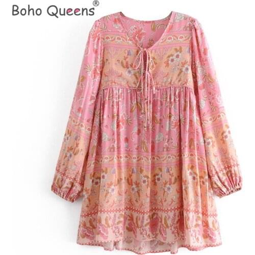 Boho Queens women tie neck floral print beach Bohemian mini dress Ladies Summer rayon cotton dress vestidos