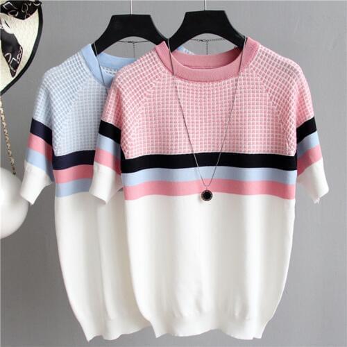 2021 Summer Short Sleeve Korean Sweater Knitted Pullover Women Sweaters Tops All-Match Basic Thin Pull Femme Jumper Female Pink