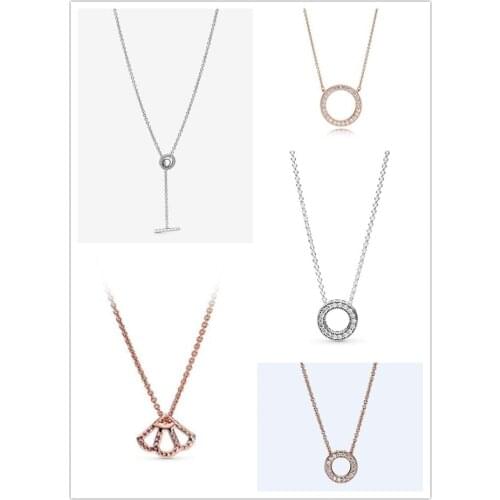 925 Sterling Silver Rose Pink Fan Collier With Crystal Pandora Necklace For Women Wedding Party