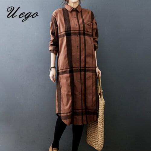 2021 Turn-down Collar Korea Fashion Preppy Style Blouse Dress Linen Cotton Plaid Vintage Autumn Dress women Casual Spring Dress
