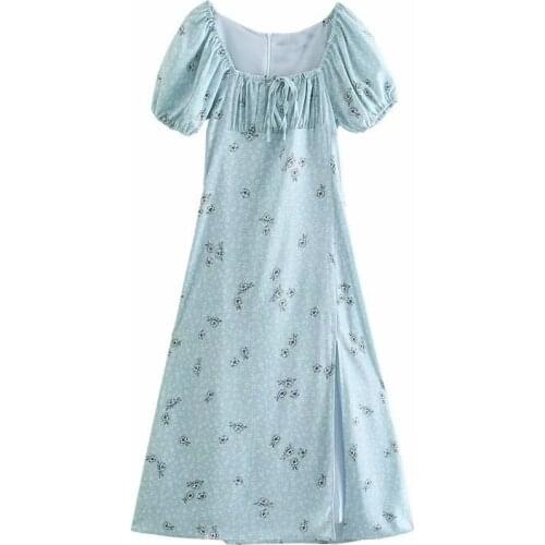 New Pop Summer Women Dress Floral Printed Elastic bust Puff Sleeves elegant Casual Vintage Chic Lady Woman Maxi Sundress