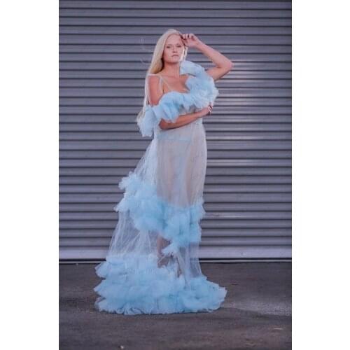 LO&LI Off The Shoulder Tulle Long Robe For Women Dresses Side Split Ruffles Bridal Shower Dress Vestido De Mujer