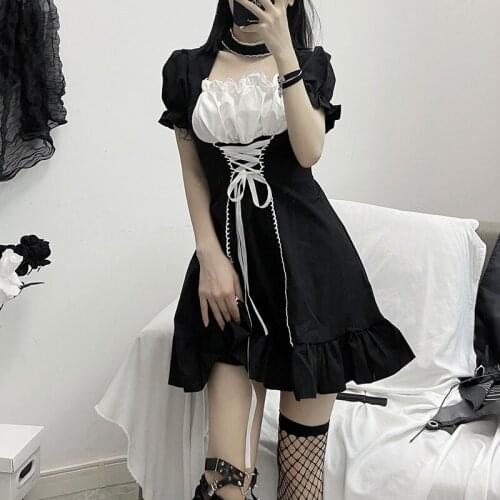 Harajuku Diablo Style Punk Girl Women Dress Vintage Square Collar Lace High Waist Bandage Bow Puff Sleeve Ruffles Black Dresses