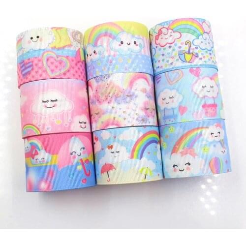 1-1/2‘’ ,10yards Cartoon Rainbow Clouds Printed Grosgrain Ribbons,Bow Cap Accessories and Decorations,I-19221-402