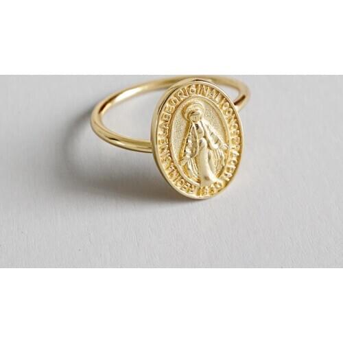 18K Yellow Gold plated 100% Authentic 925 Sterling Silver Fine Jewelry Golden Virgin Mary Medal Open Index Finger Ring J91