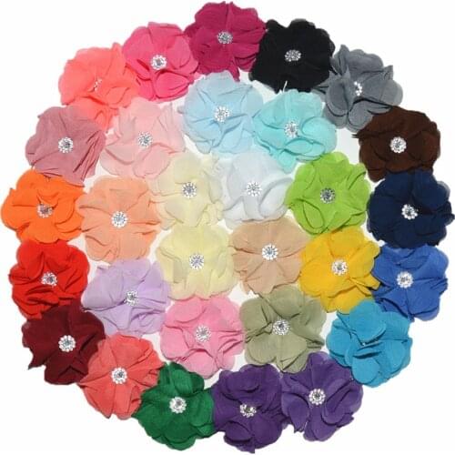 50Pcs/lot Artificial Shabby Chiffon Flower no frayed with Plastic Rhinestone Button High Quality Headwear Accessories