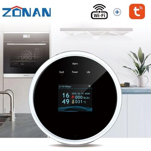 Zonan Wireless Gas leak Detector Tuya Alarm System,Smart home Security LCD Display Temperature Natural Household Gas Sensor