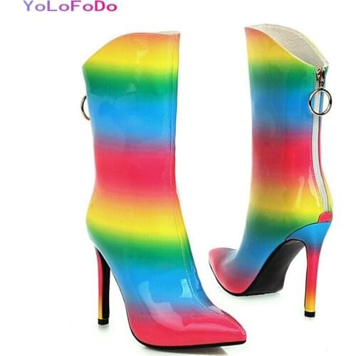 Patent PU Leather Women Ankle Boots Fashion Mixed Color Zipper Short Boots Fall Winter Pointed Toe Thin High Heel Women Boots