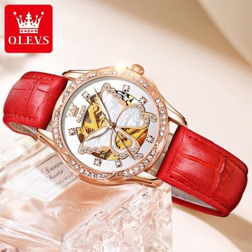 OLEVS Ladies Wrist Watches Luminous Women Simple Watches Casual Leather Strap Mechanical watches Montre Femme Relogio Feminino