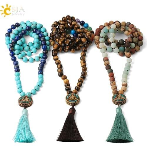 CSJA 108 Mala Tassel Long Necklace Natural Crystal Stone Reiki 7 Chakra Nepal Bead AUM Pendant Knot Rope Women Men Necklace G562