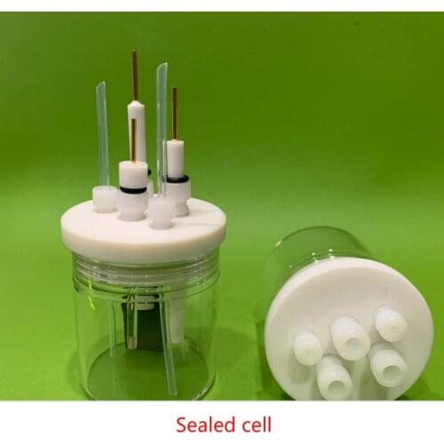 Electrolytic cell. C001 sealed cell. Straight five port sealed electrolyzer. Three electrode electrochemical cell