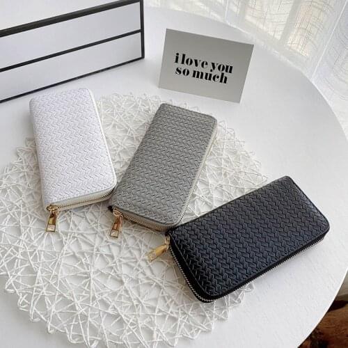 Hot Sale Women Weave Wallet Wrist Handle Phone Case Long Section Money Pocket Pouch Handbag Women Purse Card Holder Wallet