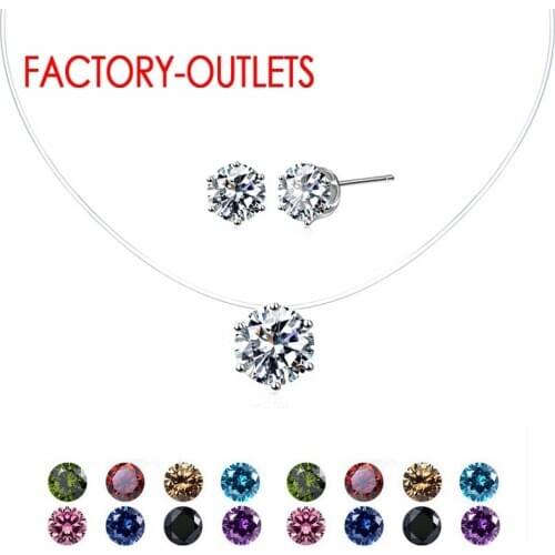Classic Pendant Necklace Stud Earrings 20 Colours Fashion Jewelry Set CZ Crystal 6 Claws Women Girls Party Appointment