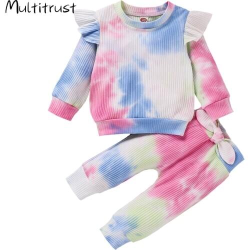 1-4Years Newborn Infant Baby Girls Clothing Sets Ruffles Long Sleeve Tie Dye Tops +Pants Fashion Children Girls Clothes