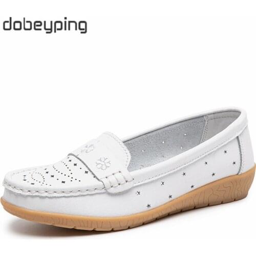 Dobeyping Moccasins Women Flats Summer Genuine Leather Shoes Woman Slip On Cut Outs Flat Shoes Womens Soft Walking Shoe Female