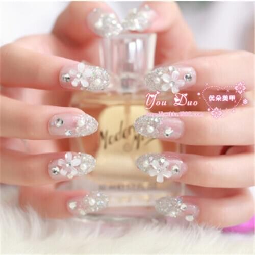 24pcs Ladies Fake Nails Transparent Floral Beads Decor DIY Bride False Nail Sdecoration Supplies Nail Stickers 네일 스티커