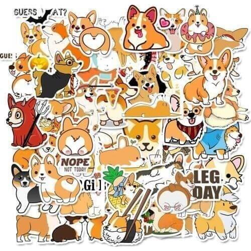 50pcs Cartoon Animals Cute Cokey Corgi Dog Computer Sticker Suitcase Laptop Skateboard Car Decals For MacBook/HP/Xiaomi Notebook