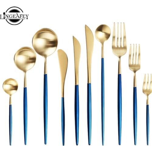 New Steel Cutlery Set Blue Gold Cutlery Kit Spoon Knife Set Forks Spoons Knives Korean Kitchen Spoon Fork Knife Set Drop ship