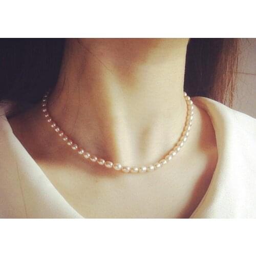 6-7mm pink purple white oval rice pearl choker necklace gold clasp natural Freshwater PEARL Women Jewelry 43cm 17'' 35cm