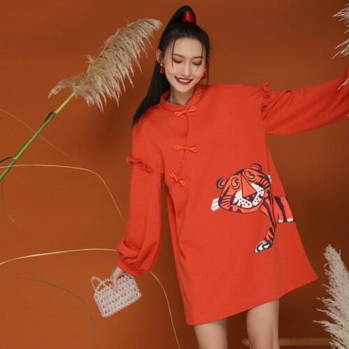 Printed Chinese style long sleeve dress autumn new national tide niche personality improvement cheongsam vests dress
