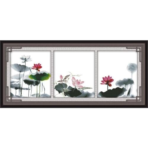 Joy Sunday Lotus (Triptych) Crafts Cross Stitch Printed Patterns 11&14CT DMC DIY Cross Stitch Kits Embroidery Needlework Sets