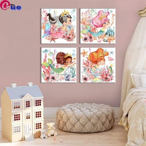 Mermaid Wall Art Kids Bathroom Decor Watercolor Cute Pink Diamond Paintings Bedroom Home Decoration Modern Ocean Life Cartoon