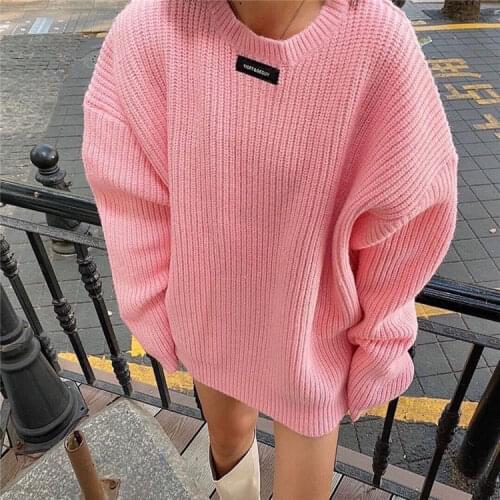 Candy Color Loose Long Sleeve Sweater For Women Autumn Winter Solid Color O Neck Pullovers Ladies Chic Knitwear Jumpers