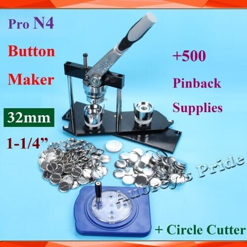 High Quality Pro N4 All Steel 1-1/4" 32mm Badge Button Maker Machine + 8 Size Circle Cutter+500 Metal Pinback Button Supplies