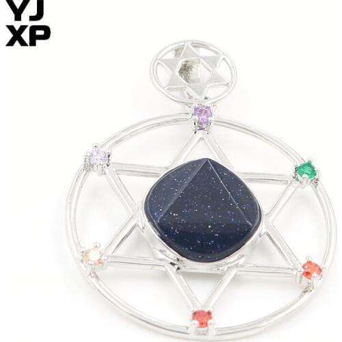 YJXP Silver Plated Plated Star of David with Rhinestone Pendant Blue Sand Stone Meditation Jewelry