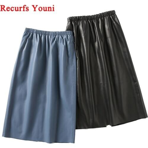 Women Genuine Leather Midi Skirt Female Hand Arch Needles Crafted Import Lambskin Jupe Mujer Blue Elastic Waist Knee Long Saias
