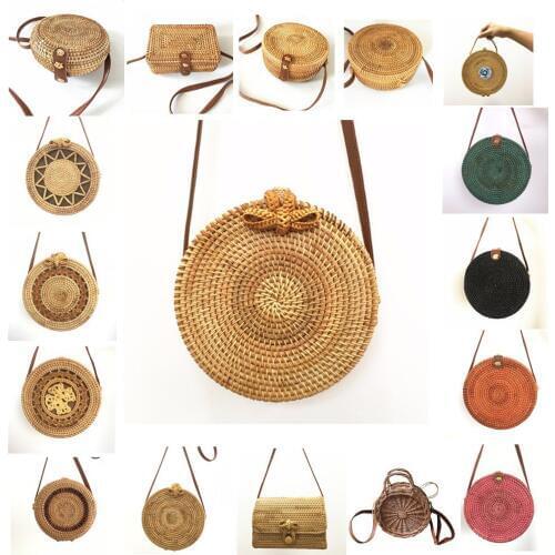 Handmade Women Square Woven Beach Cross Body Bag Round Straw Bags Women Summer Rattan Bag Circle Bohemia Handbag Bali Lowes