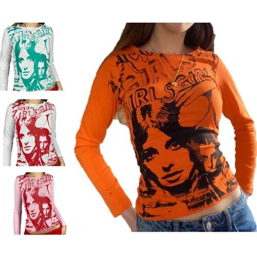 Female Crop Tops Letters Human Face Print O-Neck Long Sleeve T-Shirt for Spring Autumn Green/White/Pink/Orange