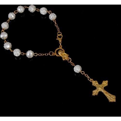 12pcs/batch 8mm gold simulation pearl religious rosary catholic bracelet female wholesale beaded bracelet jewelry