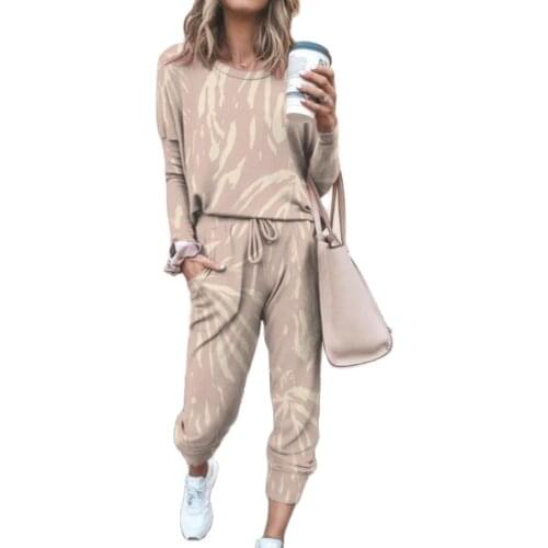 2Pcs Women Tie Dye Jogger Suit Long Sleeve Round Neck Pants Sleepwear Loungewear Pant Sets Fashion Matching Sets Ladies Clothing